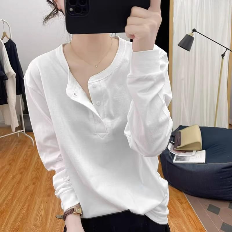 Tシャツ レディース 春夏 綿混 スパンデックス 伸縮性 接触冷感 丸首 セットインスリーブ ボタン ルーズフィット ゆったり スリム効果 インナー トップス レイヤード 日常使い 快適 カジュアル 韓国風 白色 ブラック カーキ ネイビー グレー