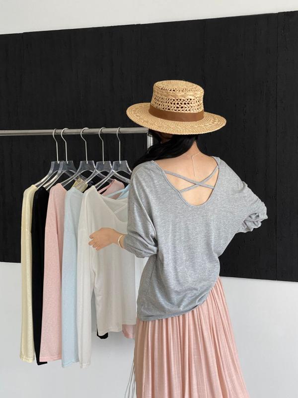 Tシャツ 女性用 夏 春夏 韓系 シンプル ラウンドネック 背中クロス 切り抜き ゆったり 長袖 トップス レイセル混紡 ポリエステル 接触冷感 吸湿速乾 無地 セットイン ルーズフィット 普通丈 スタンダードスリーブ ホワイト グレー ブラック ブルー