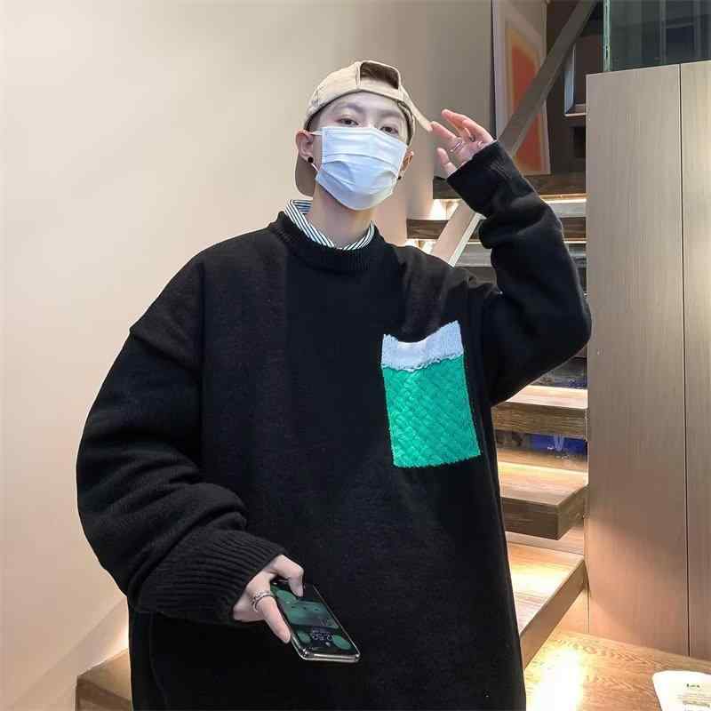 ニットセーター メンズ 秋冬 韓国風 ゆったり 編み込み ポケット 長袖 丸首 厚手 ポリエステル コットン 切り替え ブラック グレー アイボリー 黒 灰色 米白 ゆったりシルエット 暖かみ 日常使い カジュアル ティーン向け 春夏対応