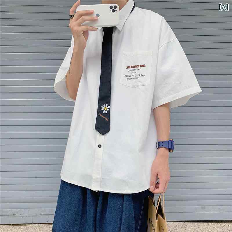 メンズ 夏 シャツ 韓流 学院風 DK 制服 ネクタイ 付 短袖 トップス かわいい デイジー柄 化繊混紡 ポリエステル 軽量 免烫加工 ゆったりシルエット 方領 ポケット 装飾 青少年 向け 日常 使い 白色 浅青 グレー カラー バリエーション
