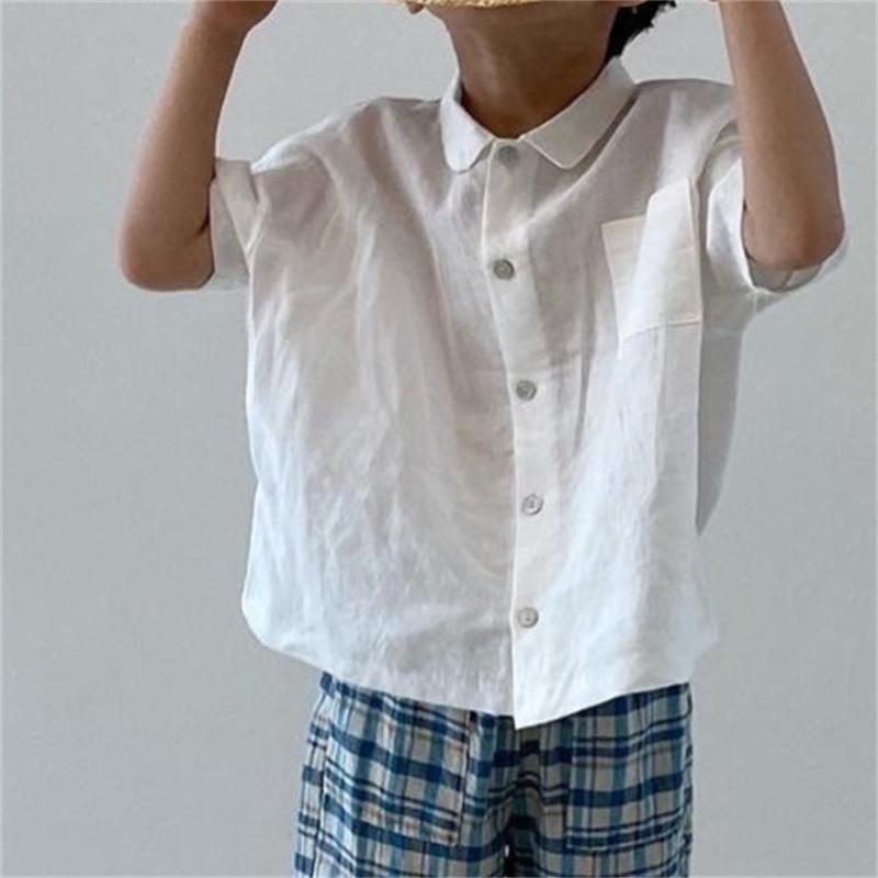 キッズ 男女兼用 シャツ トップス 子供服 夏 春夏 短袖 コットン 綿 柔らかい 柔軟 ポケット付き 韓風 日韓系 シンプル かわいい 開襟 翻領 潮 実物撮影 安全 B級 白色 ネイビー 身長80cm 90cm 100cm 110cm 120cm 1