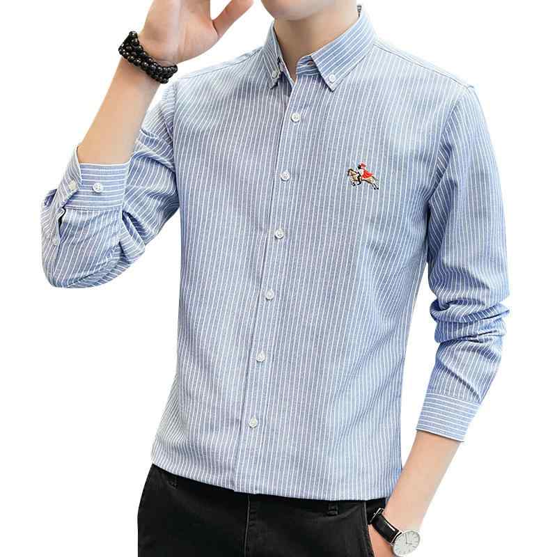 メンズ 長袖 シャツ トップス 修身型 方領 条紋柄 刺繍 刺繍柄 コットン混紡 綿混紡 春夏 秋冬 春秋 青年向け 韓国風 ファッション 都市スタイル 日常使い 軽量 通勤 ビジネスカジュアル ブルー グレー ピンク ブルー系 グレー系 ピンク系 ビッ