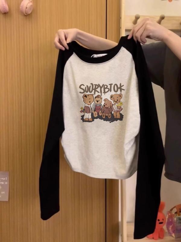 Other - Tシャツ 女性用 インナー 長袖 春季 韓国系 スリム ショート丈 トップス 雪ニール スパンデックス 伸縮性 ラウンドネック プリント柄 ソリッドカラー カードゥルメ ブラックグレー グレー系 プリンセス風 水手風 キャンディ風 ハートモチーフ ラビッ