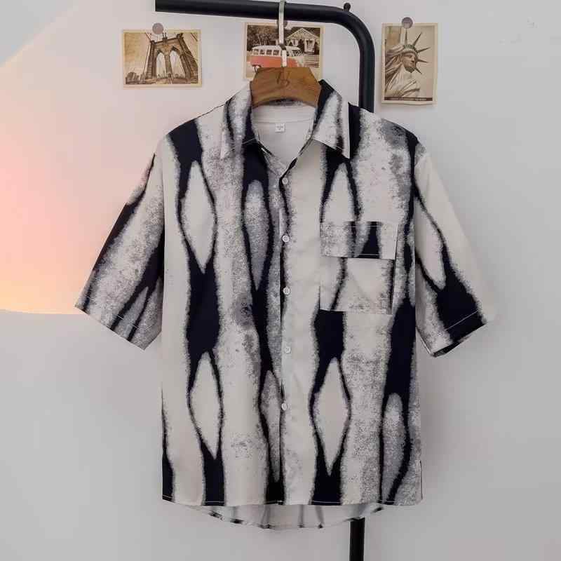 メンズ シャツ 短袖 夏用 薄手 綿混紡 ポリエステル 開襟 翻領 ピッタリ 痩せ型 ヒップ丈 袖 韓国風 日系 復古 ルーズ 外套 かっこいい 柄 カラーブロック カーキ 日常使い ポケット 付け 青少年 対象 ゆったり シルエット イージーケア 洗濯