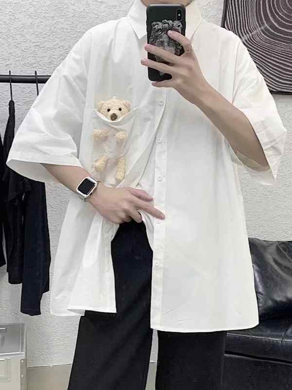 メンズ シャツ トップス 綿混紡 ポリエステル 混合 接触冷感 吸湿速乾 免烫加工 半袖 中袖 開襟 翻領 ポケット 装飾 ルーズフィット ビッグシルエット ブラック ホワイト 純色 夏 春夏 日常 普段使い カジュアル 青少年 18-24歳 通勤 アウ