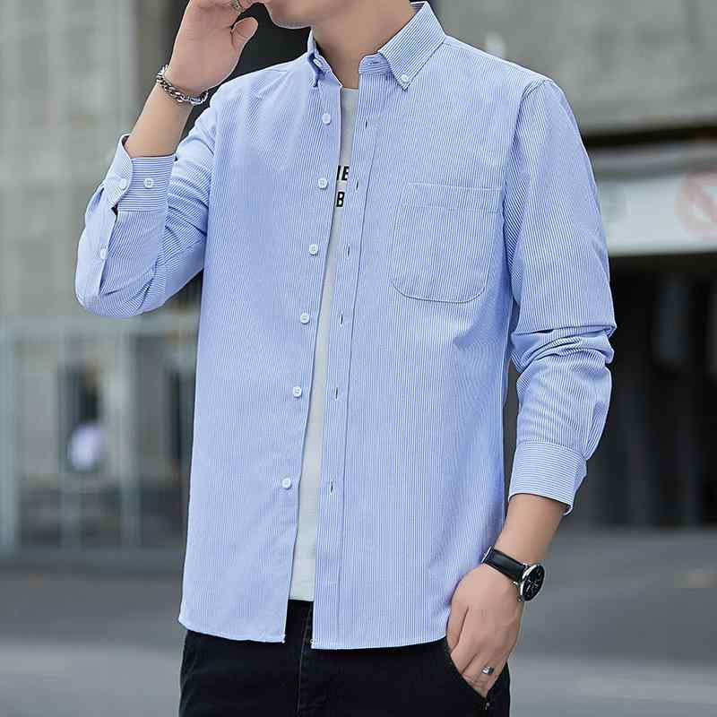 メンズ 長袖 シャツ トップス 牛津紡 コットン混紡 条紋柄 ビジネスカジュアル 軽量 合体型 翻領 免烫加工 春秋 青年向け 都市スタイル 印花 洗濯機可