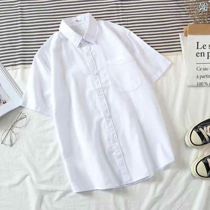 メンズ 短袖シャツ トップス 牛津布 綿混 薄手 丸首 合身 無地 カラーバリエーション 白 黒 ライトブルー ダークブルー グレー 夏季 春夏 学生向け 青年向け 休日 ビーチ 砂浜 カジュアル トレンド ファッション 免燙 ポリエステル混 軽量 通気