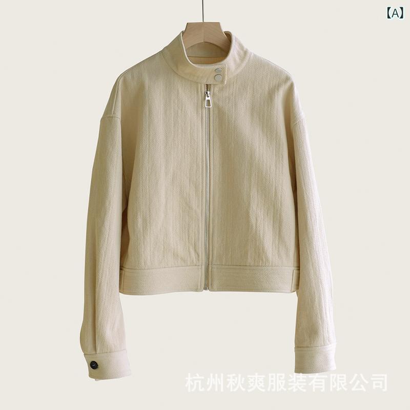 レディース 春夏 アウター コート ジャケット 綿素材 長袖 立領 ラジアイソレーション ゆったり ルーズ シンプル チーク柄 ジッパー ファスナー ミディアム厚 杏色 ピーチカラー 日常使い 普段使い カジュアル デイリー 韓国風 日系スタイル 短め丈