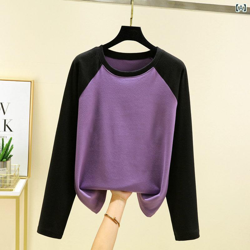 Rakuten - Tシャツ メンズ 修身型 長袖 丸首 冬用 裏地付き 親肌 伸縮性 スリムフィット 気質 通勤風 快適 デュポン繊維 ポリエステル 単色 マカロンカラー 紫色 深灰色 焦糖色 免アイロン加工 普通丈 欧米向け 東南アジア向け