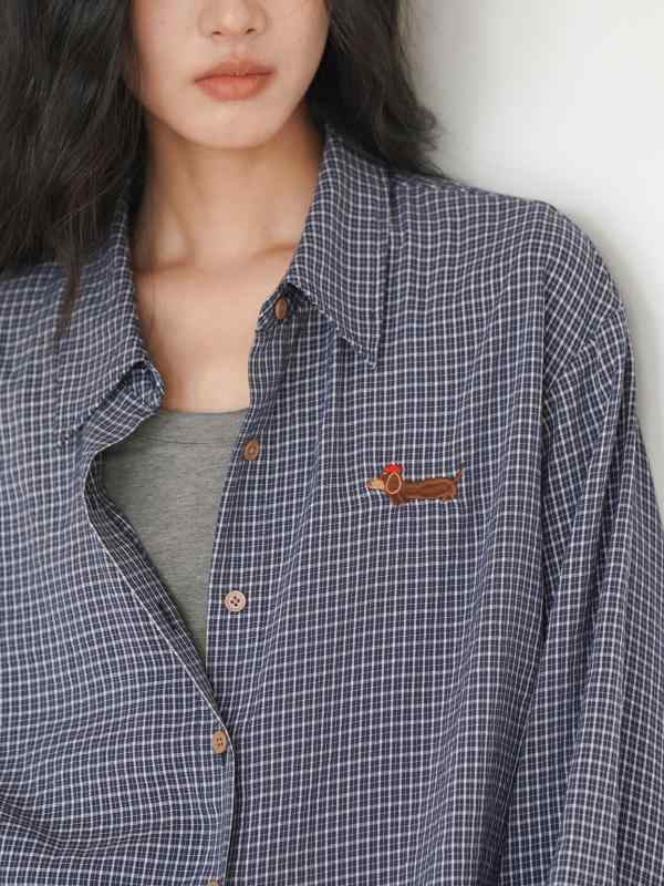 秋冬 レディース シャツ トップス ルーズフィット 格子柄 長袖 ポロカラー 切り替え 刺繍 ボタン インディゴブルー 通勤 カジュアル 気質 秋 軽量 快適 百搭 日常使い 普通丈