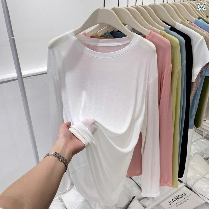 Tシャツ 女性用 防紫外線 長袖 薄手 ゆったり 通勤風 コットン風素材 接触冷感 吸湿速乾 丸首 セットインスリーブ ミドル丈 春夏 かわいい クールビズ 普段使い 部屋着 軽量 伸縮性 ホワイト パープル イエロー ブラック グレー ライトブルー ピ