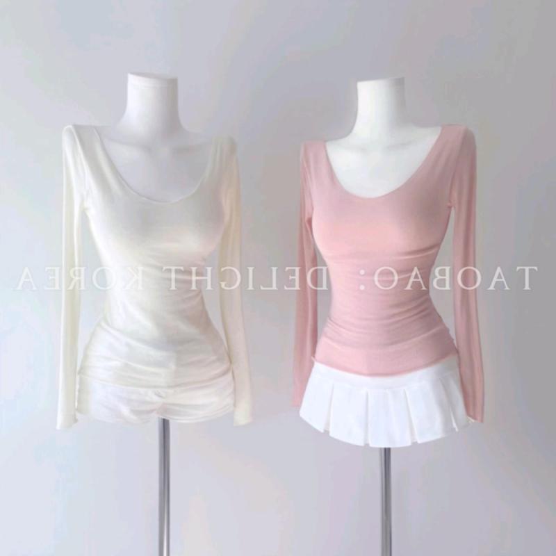 トップス 女性用 純欲風 修身 スリム Uネック 長袖 Tシャツ モダール 接触冷感 伸縮性 吸湿速乾 軽量 春夏 白色 グレー ベージュ ピン..