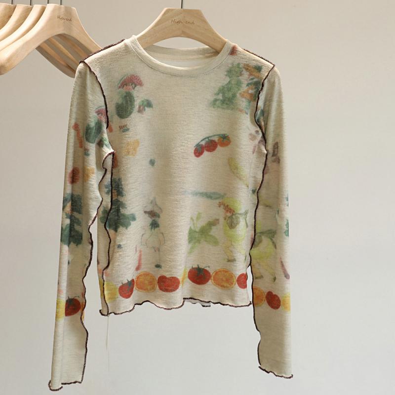 Tシャツ 女性用 長袖 春夏 韓国風 レースエッジ デザイン 復古 プリント 防晒 ボディシェイプ トップス 接触冷感 伸縮性 綿混 カラフル ラウンドネック プリンセススリーブ 修身 軽量 吸湿速乾 私服 フェミニン カジュアル(4.0)