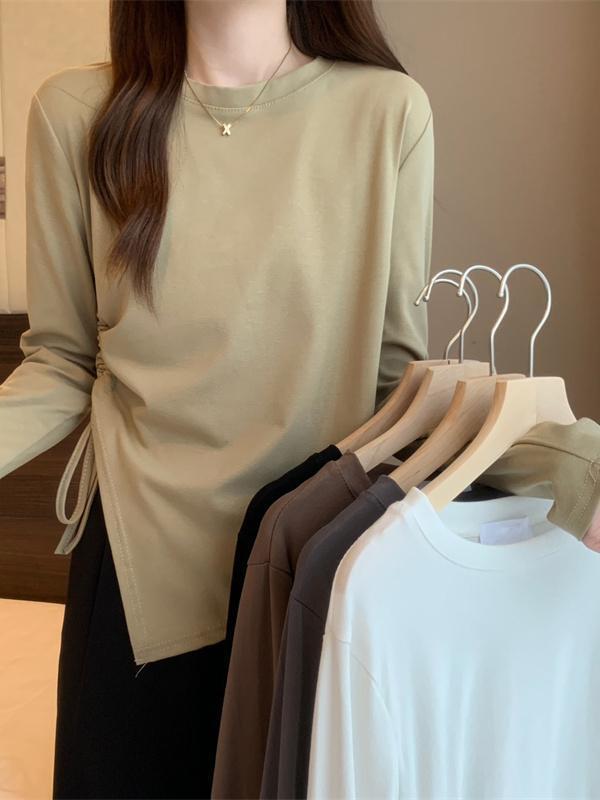 長袖 Tシャツ レディース 春夏 韓国風 短め 不規則デザイン インナー スリム トップス インナーウェア 純色 修身 普通丈 ラウンドネック ストレートスリーブ プリーツ グリーン ホワイト ブラック グレー ブラウン ポリエステル スパンデックス 混
