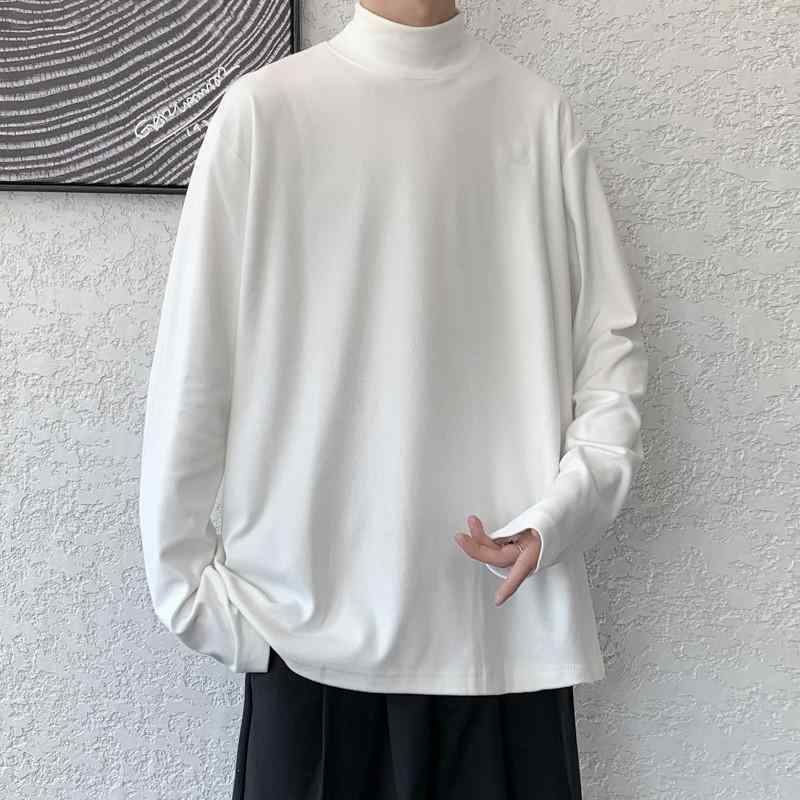 メンズ トップス 半高領 長袖 Tシャツ 春秋 秋 薄手 ゆったり 韓国風 トレンド スタイリッシュ 黒 白 イエロー 日常 化繊混紡 伸縮性 吸湿速乾 軽量 通勤 普段使い カジュアル