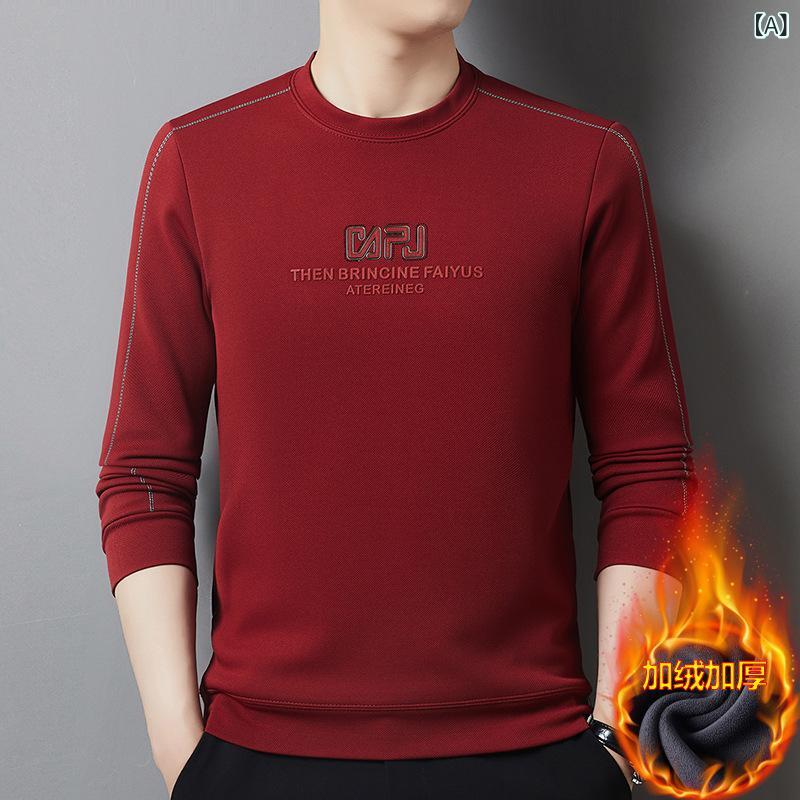 其它 - メンズ 冬 暖か長袖 ラウンドネック ルーズフィット Tシャツ トップス フリース加工 保暖 ポリエステル混紡 化繊混紡 日常使い ファッショナブル 赤 青 緑 カーキ ベージュ 黒 グレー 青年向け ロゴプリント ストレッチ性 厚手 400g以上 街着