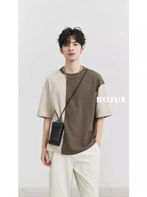 Tシャツ メンズ 切り替え 丸首 長袖 半袖 接触冷感 ポリエステル ドット柄 幾何学模様 徽章 ルーズフィット 原宿風 春夏 秋冬 レイヤード トップス インナー 休闲 伸縮性 免烫 杏色 ミリタリーグリーン 青少年 成人 ファッション カジュアル 都