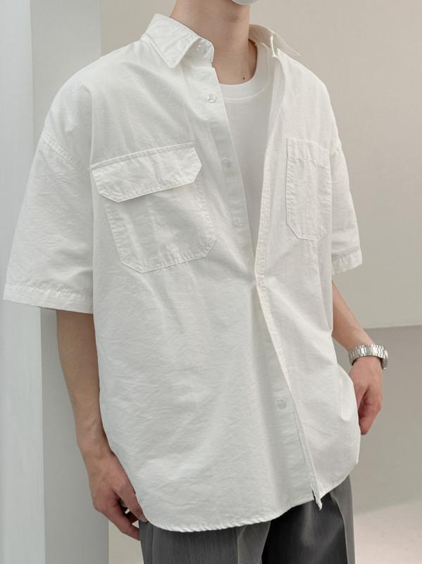メンズ シャツ トップス 短袖 開襟 ポロシャツ 緩シルエット ゆったり 軽量 ポリエステル 免燙加工 ポケット 装飾 無地 ソリッドカラー ホワイト グリーン 春夏 夏季 休日 カジュアル 日常使い ティーン ユース 18-24歳