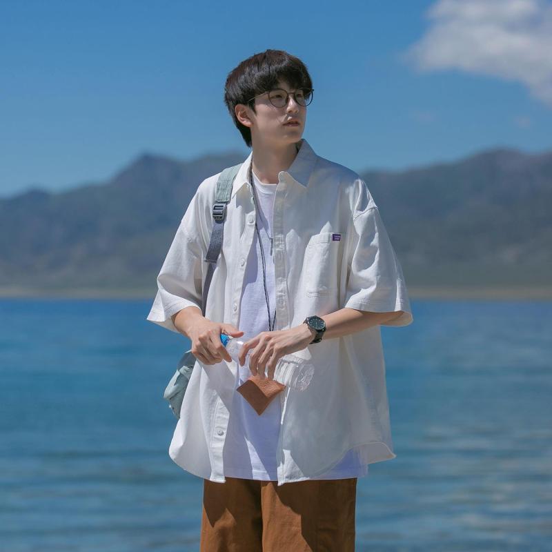 メンズ 短袖 シャツ トップス 男性用 白色 夏 春夏 シーズン 化繊混紡 ポリエステル 涤纶 接触冷感 軽量 吸湿速乾 ゆったり ルーズ フィット ビッグシルエット 方領 オープンカラー シンプル 無地 純色 ポケット 装飾 切り替え デザイン ヴィン