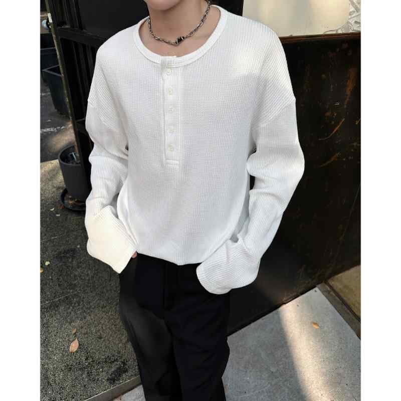 メンズ Tシャツ 長袖 ヘンリーネック 高級感 ハニカム柄 春夏 秋冬 韓国風 ゆったり ルーズフィット ソリッドカラー トップス 綿混紡 ポリエステル 免烫 ロブ底辺 ブラック ホワイト ティーン ヤング 成人 男性用 日常着 外出着 カジュアル 快適