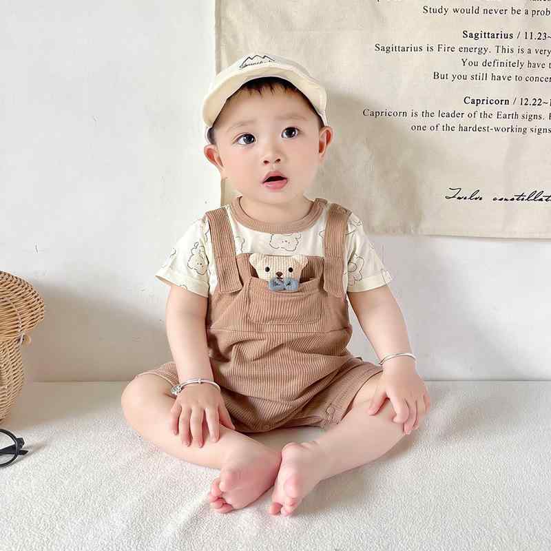 ベビー 男の子 連体服 夏 短袖 綿 薄手 接触冷感 かわいい 小熊 プリント ポケット 付 ニュー ボーン 服 66cm 73cm 80cm 90cm 対応 韓流 スタイル 普段使い 吸湿速乾 柔らかい 肌触り 軽量 ロンパース 爬服