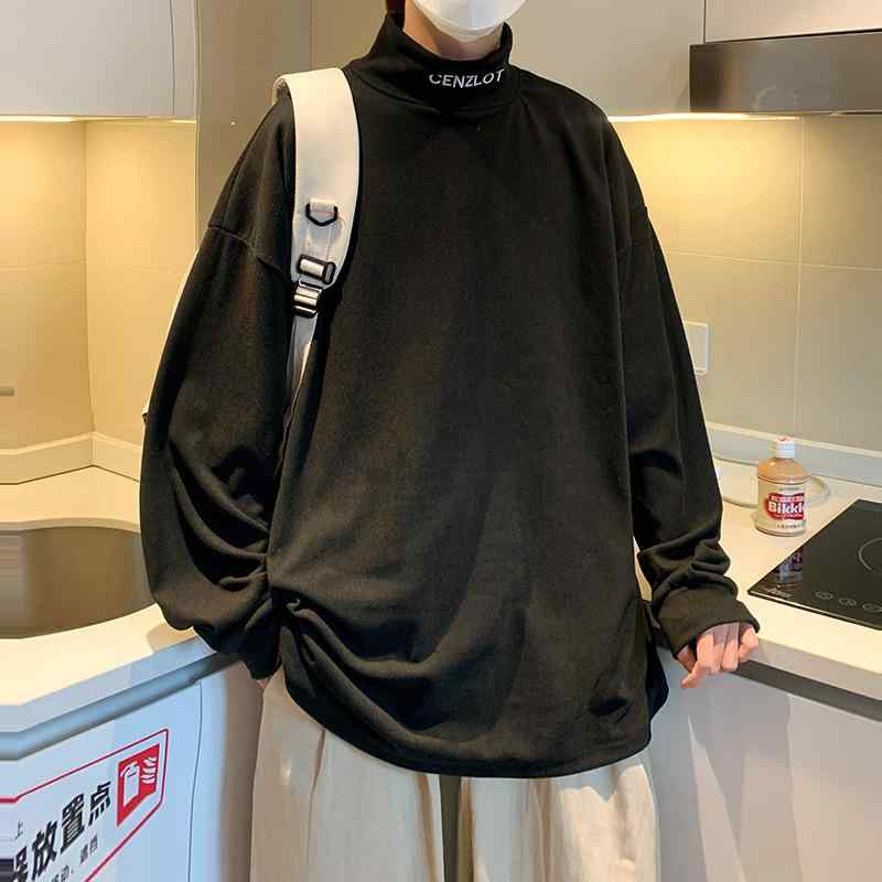 メンズ Tシャツ トップス 半高領 長袖 秋冬 保暖 ゆったり ルーズフィット 韓国風 百搭 休闲 カジュア..