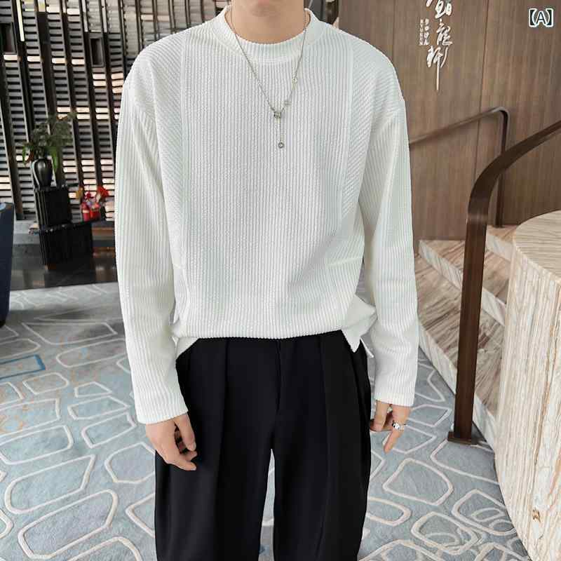 メンズ 長袖 Tシャツ トップス 立領 条紋 デザイン ポリエステル コットン 混紡 素材 抗菌 加工 免烫 処理 ゆったり ルーズ フィット 普段使い 日常 スタイル 春夏 秋冬 通年 対応 白色 グレー ブラック カーキ 色展開 M L XL XXL