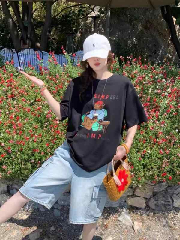 レディース トップス 韓国風 大きいサイズ 女性用 港風 趣味 プリント 短袖 Tシャツ ゆったり 小清新 ベーシック 上着 トレンド 女性服 3D 立体パターン セットイン 袖 プリント加工 ゆったりシルエット 普通丈 丸首 短袖 春 ホワイト ブラッ