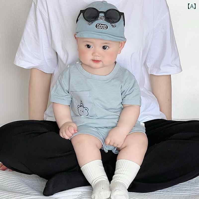 キッズ 男の子 夏 セットアップ 条紋 ポケット 綿 柔軟 薄手 動物柄 接触冷感 短袖 Tシャツ ショートパンツ 2点セット かわいい 涼しい 軽量 普段使い ベビー 幼児 インフルエンサー スタイル 湖ブルー ブラック 通気性 速乾 室内外 遊び着