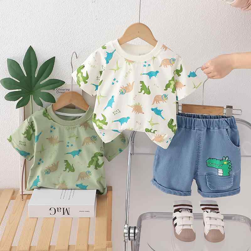 キッズ 男の子 夏服 セット 恐龍 プリント 丸首 Tシャツ 綿素材 柔らかい かわいい 動物 柄 緑 白 短パン デニム 伸縮性 吸湿速乾 1-6歳 80-120cm 通年 普段使い カジュアル スタイル 動物 イラスト 抽象 柄 短袖 トップス ボト