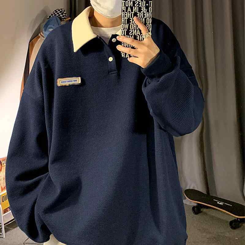 乐天商城 - メンズ 長袖 プルオーバー ワッフル ポロカラー セーター フーディ トップス 秋冬 韓流 トレンド ルーズ フィット 日系 レトロ スタイル コットン 混 ポリエステル 素材 軽量 免アイロン 処理 シングル ボタン フラップ カラ ユニセックス 青少