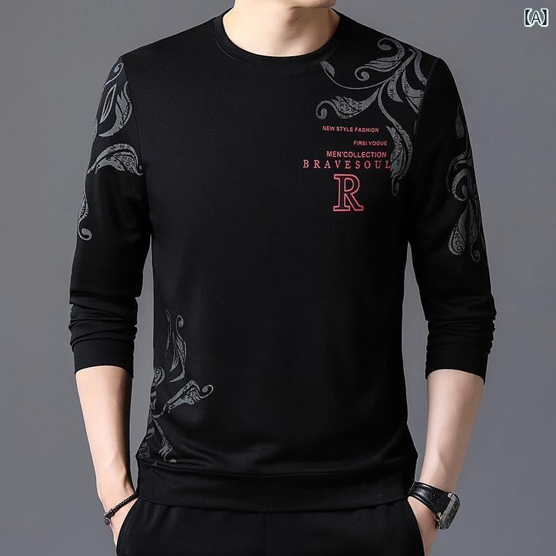 Other - メンズ 秋冬 長袖 丸首 Tシャツ トップス 厚手 暖か インナー スウェット フーディー ヒートテック ポリエステル ワイド フィット ブラック ホワイト ブラウン ダークグリーン ネイビー レイヤード レイヤリング ゆったり シルエット プリント 加