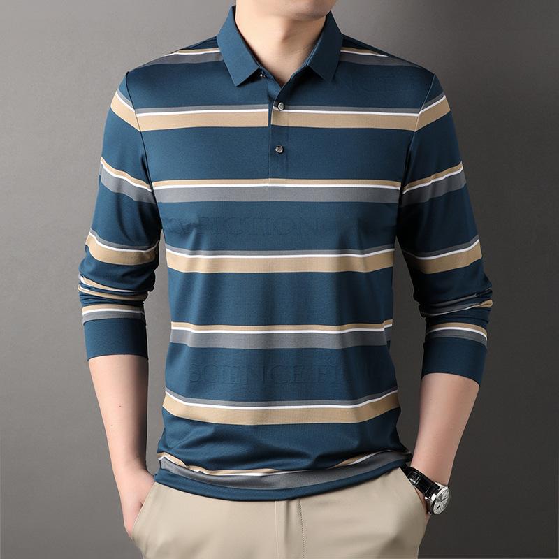 長袖Tシャツ メンズ 中年男性用 ストライプ 翻領 トップス 桑蚕糸 100% 透気性 防皺 吸湿速乾 春秋 春夏 秋冬 ビジネス カジュアル 日常使い 緑 赤 青 ローテクス 底辺 韓国風 ゆったりシルエット 成人男性 紳士服 通勤 通年対応 軽量 環