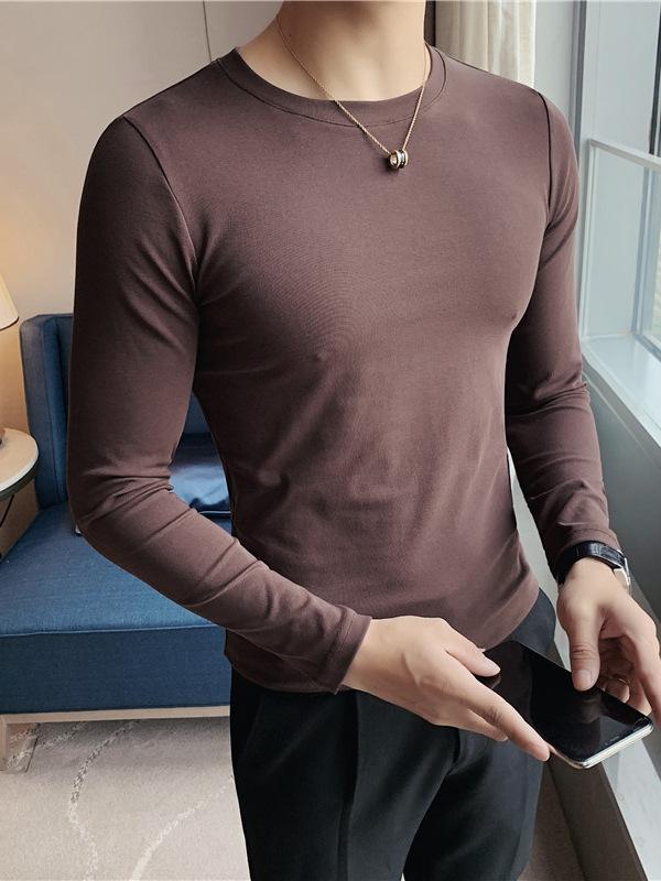 メンズ 長袖 Tシャツ トップス 修身 丸首 単色 インナー コットン 混紡 フリース 裏起毛 秋冬 伸縮性 通気性 防汚 日常使い ブラック ホワイト グレー ブラウン ミリタリーグリーン