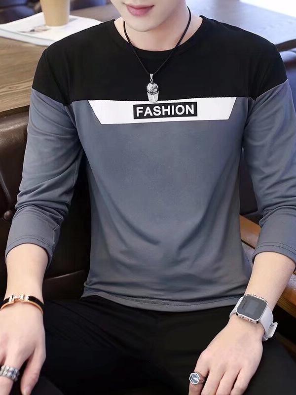 Tシャツ メンズ 長袖 秋冬 修身 韓国風 切り替え 字母プリント トップス レイヤード 薄手 ポリエステル 透気性 軽量 グレー ブラック レッド 春夏 秋 冬 カジュアル 日常使い 伸縮性 再生繊維 接触冷感 ビッグシルエット ハイネック ラウンドネ