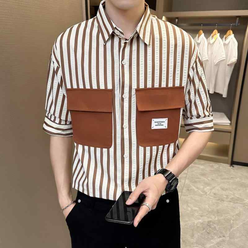 Other - メンズ シャツ トップス 条紋柄 半袖 七分袖 開襟 コットン混紡 ポリエステル 免烫 加工 ゆったり シルエット 翻領 ポケット 装飾 緑 コーヒー 色 紺 日常 使い 夏 シーズン 韓国 風 カジュアル スタイル 痞 帅 気 感