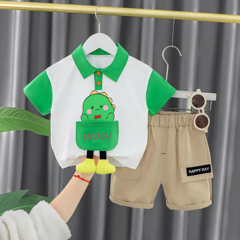 キッズ 男の子 ベビー 子供服 春夏 トップス 短袖 シャツ ポロ 切り替え デザイン かわいい 動物 プリント 綿 100 柔らかい 素材 吸湿速乾 機能 緑 ブラウン イエロー カラー 80cm 90cm 100cm 110cm 120cm 対応 普