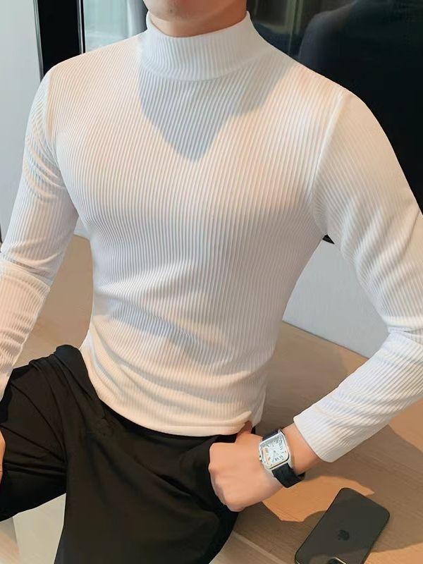 Other - メンズ 長袖 Tシャツ 細紋路 半高領 修身シルエット 秋冬 薄手 コットン混紡 ポリエステル 透気性 吸湿速乾 免烫加工 純色 セットインスリーブ 丸首 レイヤリング インナー カジュアル 日常使い 白色 ブラック グレー ダークブラウン 青年向け