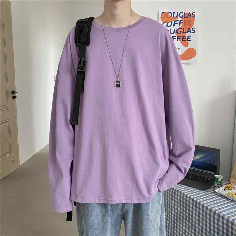 メンズ 長袖 Tシャツ トップス 95%コットン 丸首 ゆったりシルエット カップル 秋季 秋冬 ユニセックス 純色 レイヤード ベースレイヤー 精梳コットン 免燙加工 動物プリント ホワイト グレー ブラック イエロー ライトブルー パープル ゆったり