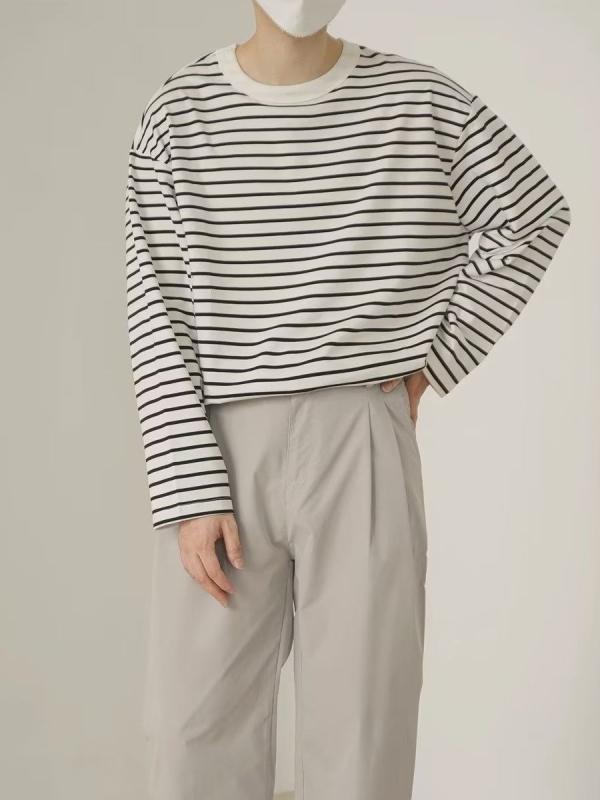 メンズ 長袖Tシャツ トップス 条紋柄 切り替えデザイン 丸首 ゆったりシルエット 黒 白 カラー ポリエステル混紡素材 透気性 秋冬 シーズン 軽熟スタイル 青春流行 18-24歳 向け 日常レジャー用 伸縮性 普通厚み イージーケア加工 ラフカジュア