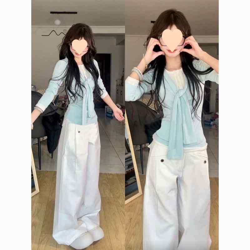 Tシャツ 女性用 長袖 気質 通勤用 春早め 偽ツーピース 系リボン インナー トップス 修身 上衣 軽量 綿素材 ライトブルー イエロー ハ..