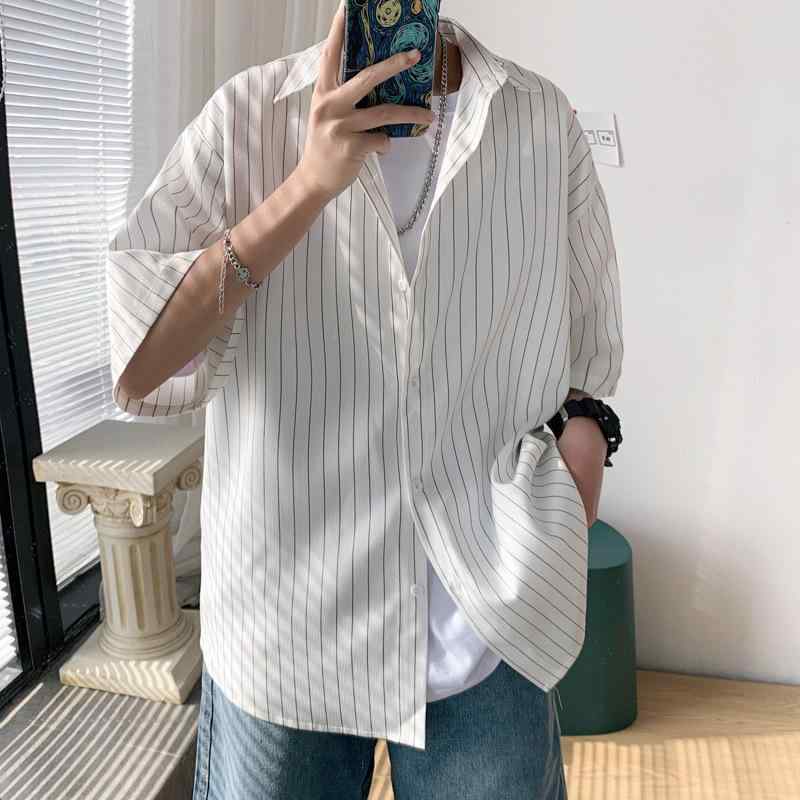 メンズ シャツ トップス 男性用 短袖 綿 コットン ポリエステル 混合 素材 縦ストライプ ストライプ柄 柄物 夏 夏季 通気性 吸湿速乾 軽量 ゆったり ルーズフィット ビッグシルエット 開襟 襟付き ポケット ポケット付き 口袋 装飾 韓国風 韓国