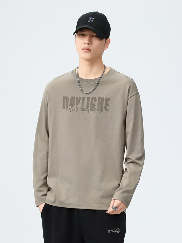 メンズ Tシャツ 長袖 トップス 秋冬 春夏 韓国風 ゆったり ルーズフィット コットン 混紡 素材 透気性 吸湿速乾 防シワ 耐久性 落肩袖 ラウンドネック プルオーバー 無帽 プリント アルファベット柄 グレーグリーン ブラック ホワイト ベージュ