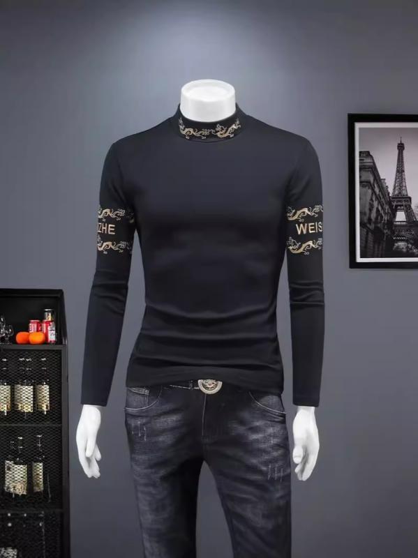 メンズ Tシャツ 長袖 半高領 修身 秋冬 保暖 インナー コットン混紡 黒 セットインスリーブ スリムフィット ゆったり レイヤード 厚手 400g以上 免アイロン 幾何学柄 韓国風 ファッション ユース カジュアル デイリー ユース 暖か 吸湿 伸縮