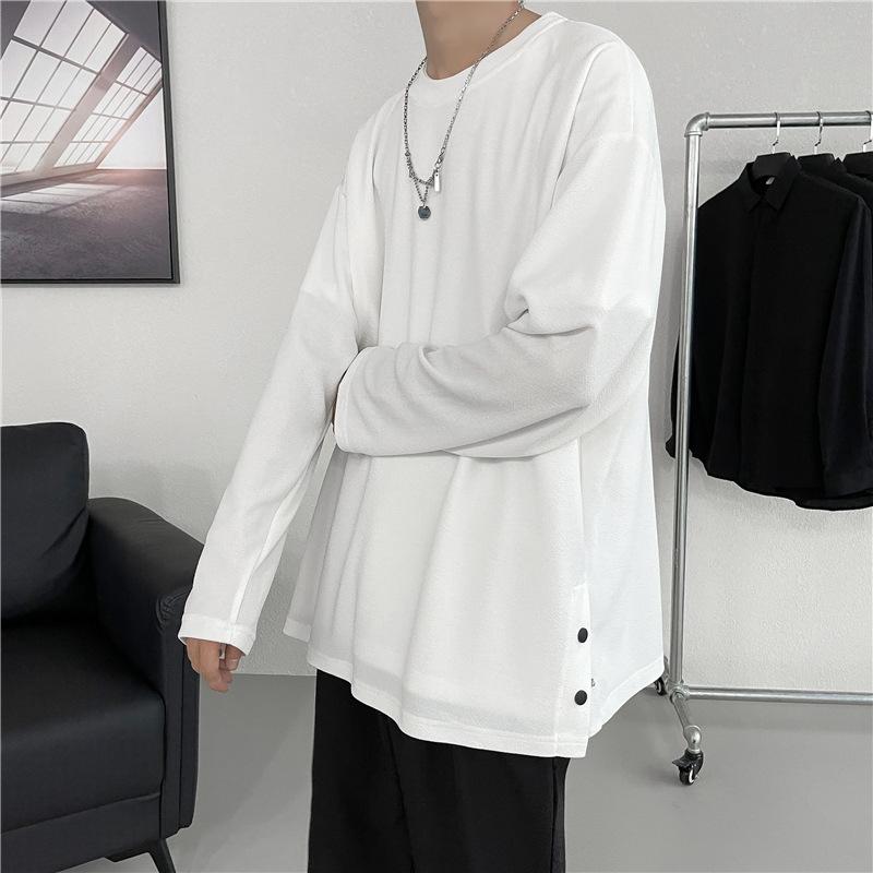 メンズ 長袖 Tシャツ トップス 韓流スタイル トレンド レイヤリング ゆったり ビッグサイズ 無地 丸首 落肩袖 切り替えステッチ ポリエステル混紡 吸湿速乾 普通厚 春秋 秋冬 ホワイト グレー ブラック イエロー メンズカジュアル メンズゆったりト
