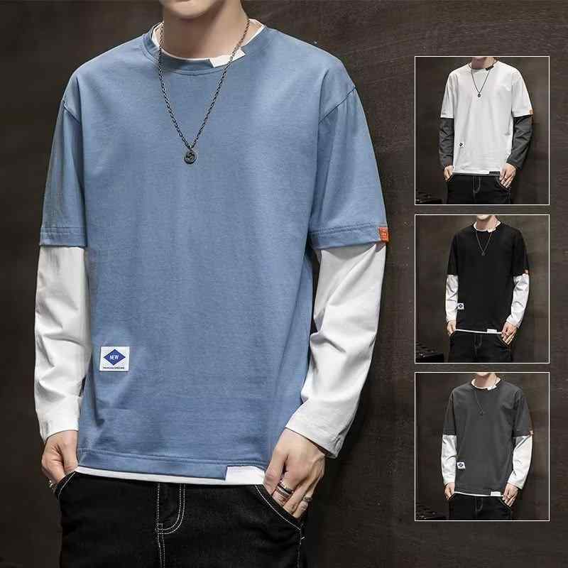 乐天商城 - 長袖 Tシャツ メンズ 韓国風 秋冬 トップス 偽ツーピース 切り替え デザイン ゆったり シルエット 百搭 トップス 無地 ロゴプリント 丸首 セットインスリーブ ポリエステル 柔らかい 素材 免燻処理 グレー ホワイト ブラック ブルー カジュアル