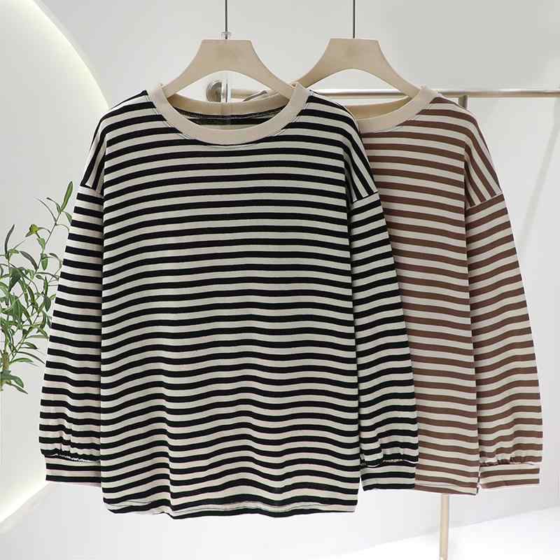 長袖Tシャツ レディース 切り替え カラフル ストライプ柄 ランタンスリーブ ゆったり 体型カバー 春秋・素材名称: 綿・主素材成分: 綿・主素材成分2: スパンデックス・柄: ストライプ・スタイル: プルオーバー・袖丈: 長袖・工法: パッチワーク/切り替え・シルエット: ルーズ・着丈: 普通(50cm-65cm)・ネックライン: クルーネック・袖型: セットインスリーブ・カラー: ブラックストライプ、ブラウンストライプ・サイズ: ワンサイズ・スタイルタイプ: 日韓カジュアル・主素材混用率: 70%-80%・スタイル: カジュアル・主素材成分2混用率: 30%以下