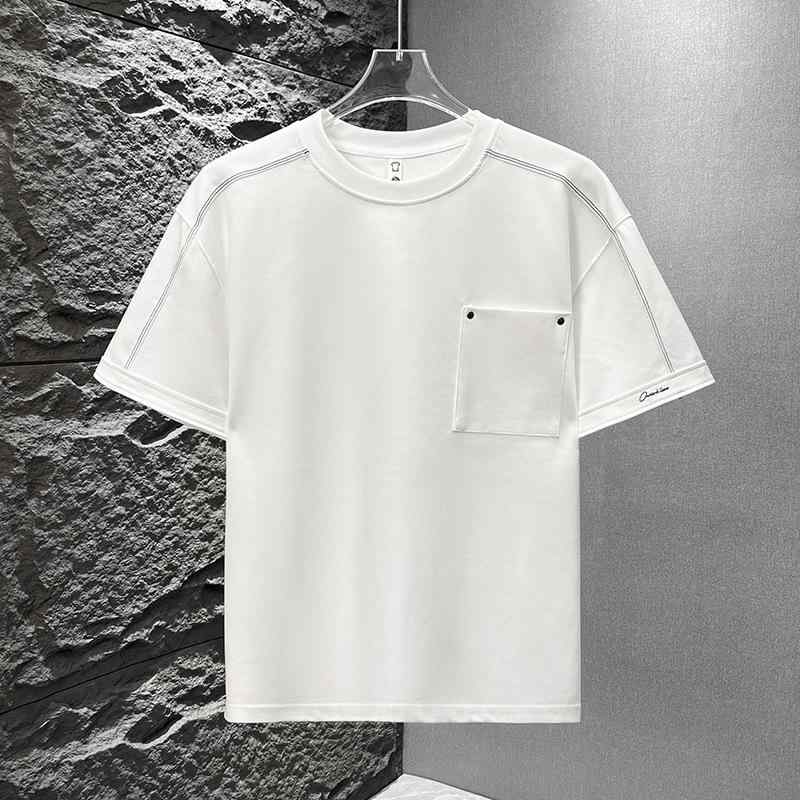 T シャツ メンズ 夏 短袖 丸首 ゆったり 直線 シルエット 切り替え 透気性 綿混紡 薄手 ポケット 付 無地 白色 日常 普段使い トレンド カジュアル トップス 軽量 吸湿速乾 青年向け