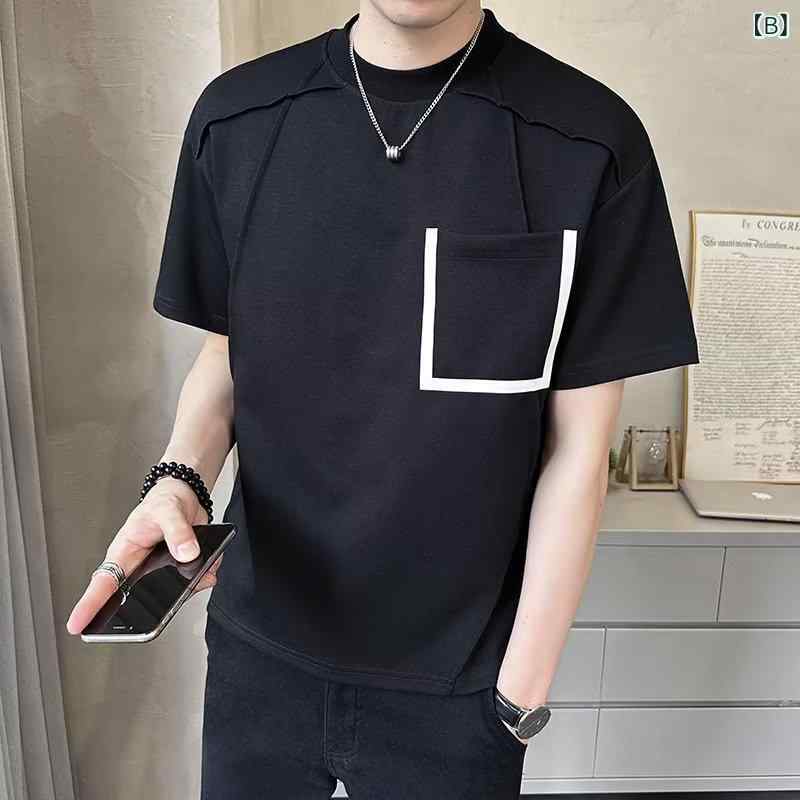 Tシャツ メンズ 春夏 韓国風 男性用 ゆったりシルエット トレンド 個性派 切り替え...