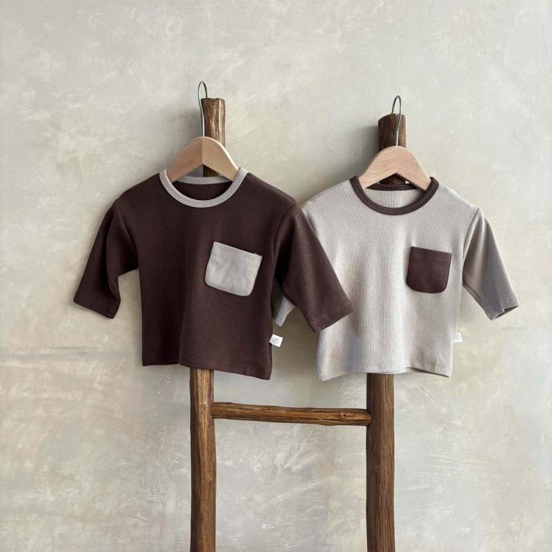 ベビーTシャツ 男女兼用 秋冬 長袖 セットイン コットン 92% スパンデックス 柔軟 丸首 ポケット 切り替え カラーブロック コーヒー ベージュ 73cm 80cm 90cm 100cm 1-3歳 ゆったり ユニセックス トップス コットン混 伸縮